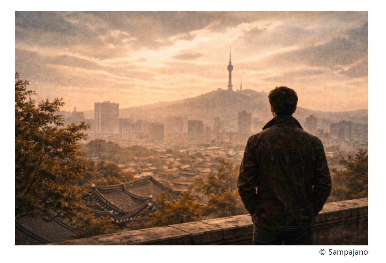 해 질 무렵, 뒤에서 본 한 남성이 전통 지붕이 보이는 서울 도심 전경을 내려다보고 있으며, 멀리 언덕 위에 남산타워가 보인다.